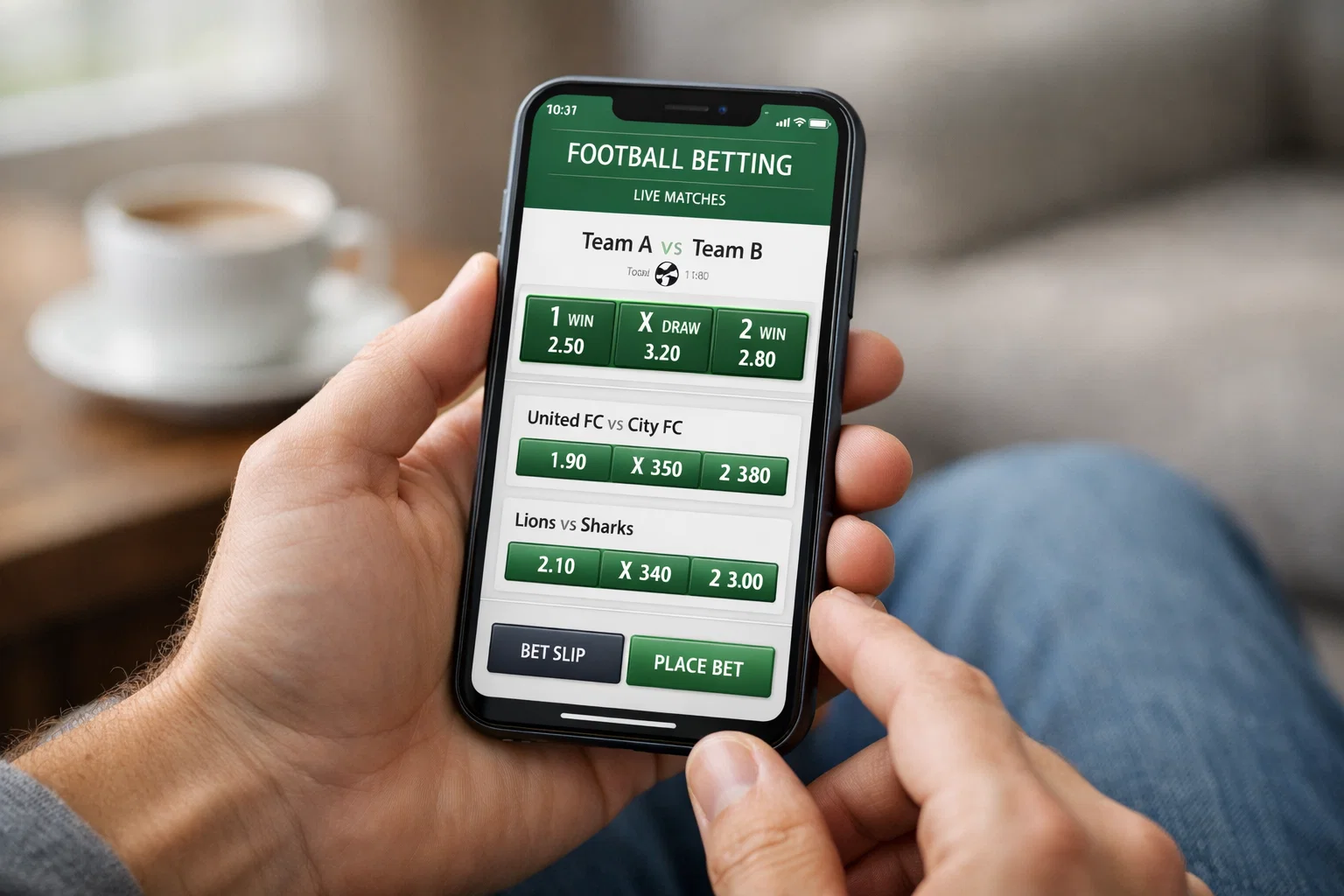 Smartphone affichant une application de paris sportifs avec cotes de football