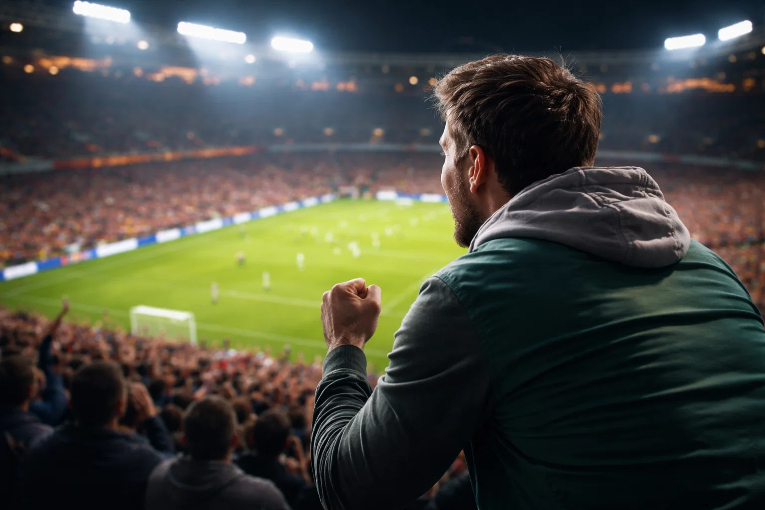 Fan de football regardant un match dans un stade avec ambiance de paris sportifs