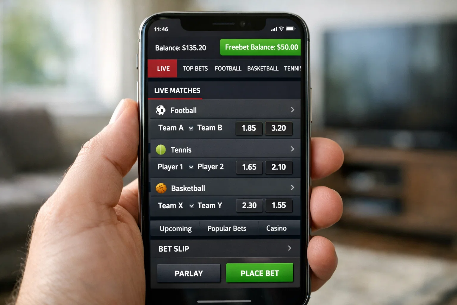 Interface de paris sportifs montrant un solde de freebets disponibles
