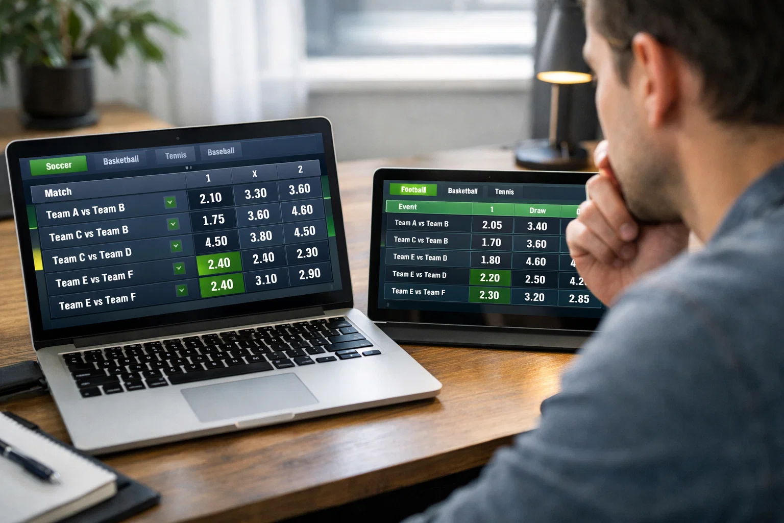 Personne comparant des cotes sur plusieurs écrans