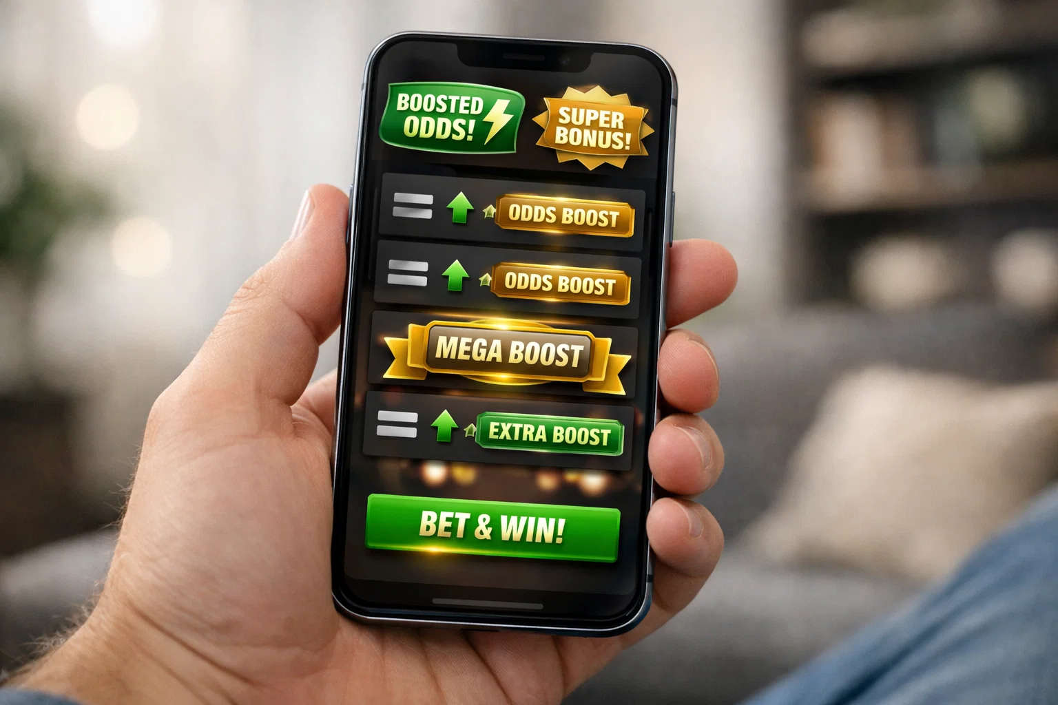 Écran de smartphone affichant des cotes de paris sportifs avec indicateurs de promotion