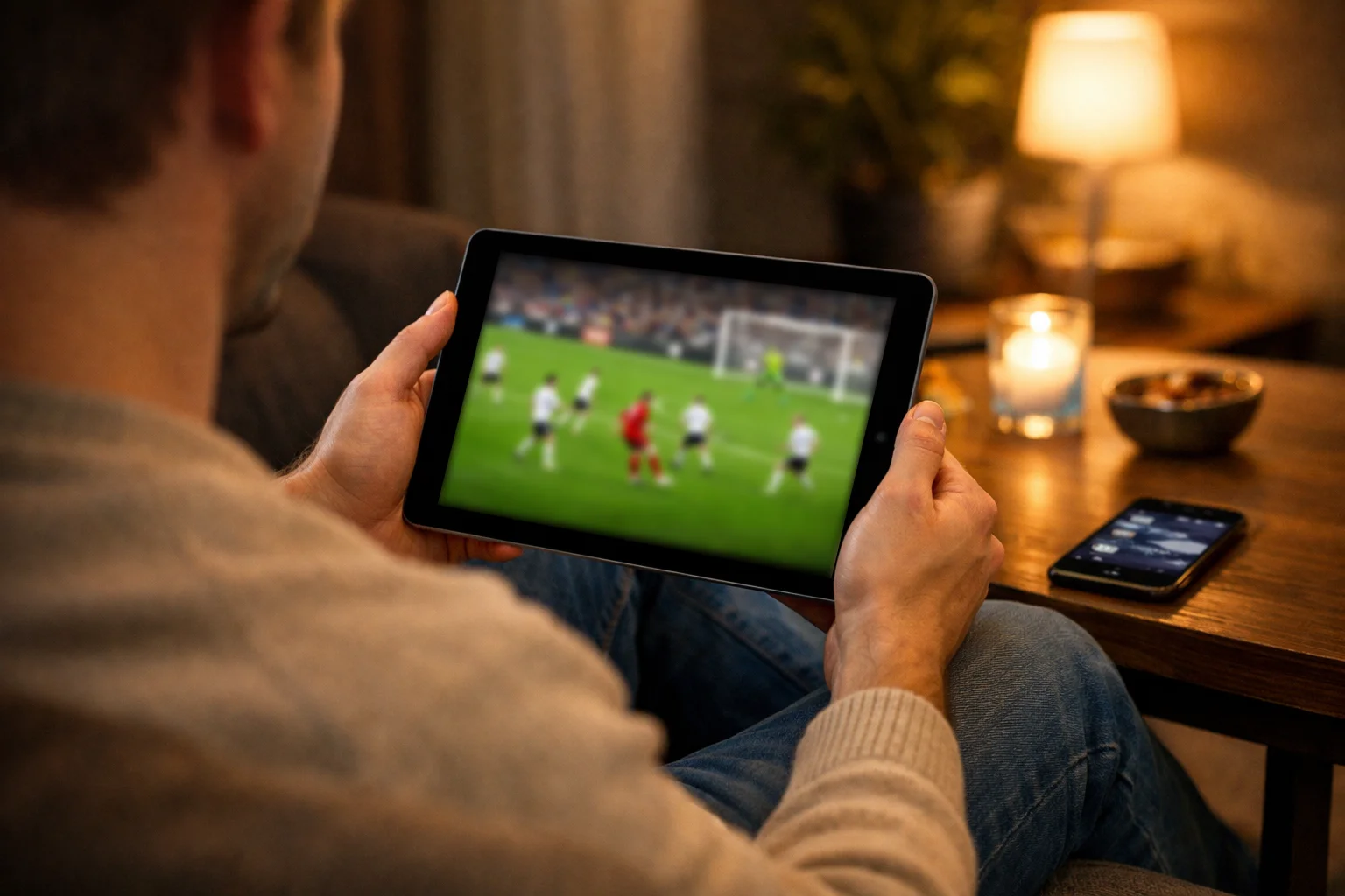 Supporter regardant un match de football en direct sur sa tablette