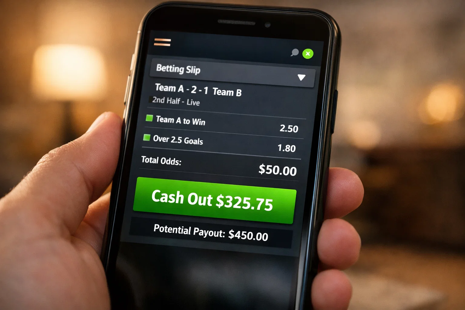 Interface de paris sportifs affichant une option de cash out