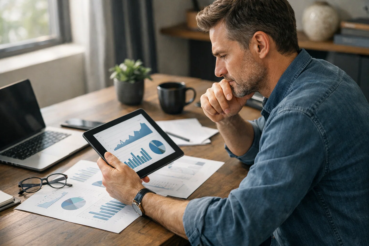 Personne analysant des données financières avec attention