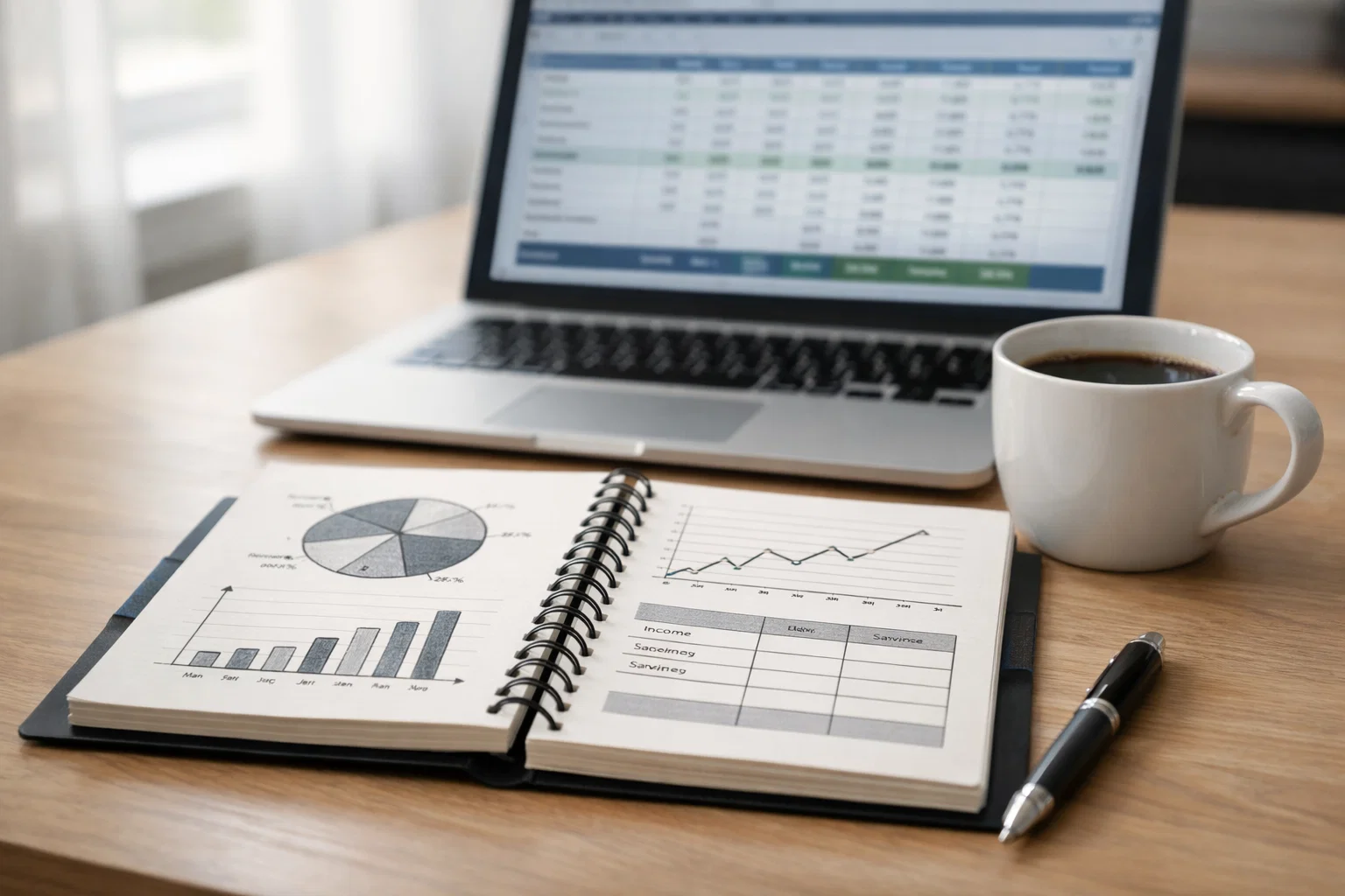 Tableau de gestion financière avec graphiques et calculs de budget