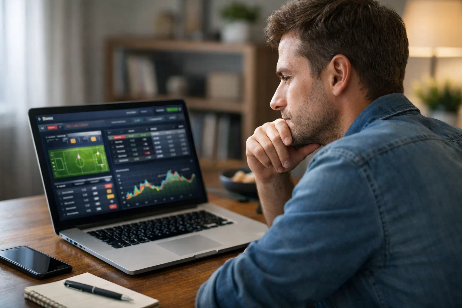 Personne réfléchissant devant un écran affichant des données de paris sportifs