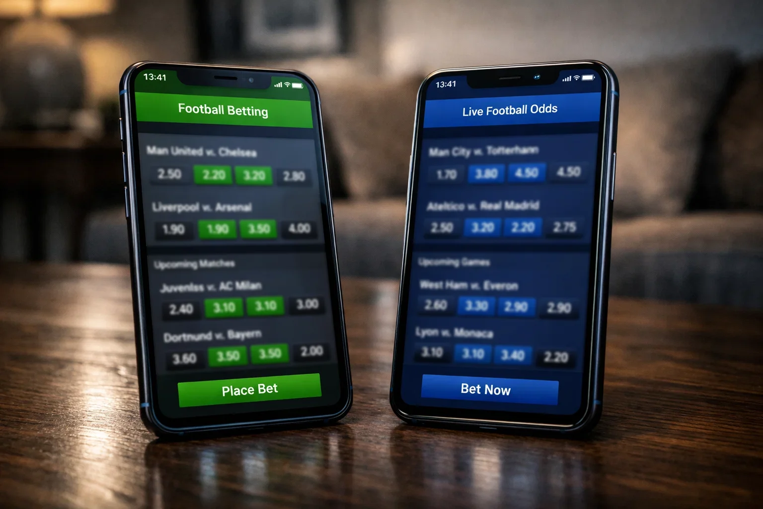 Deux smartphones côte à côte affichant des interfaces de paris sportifs