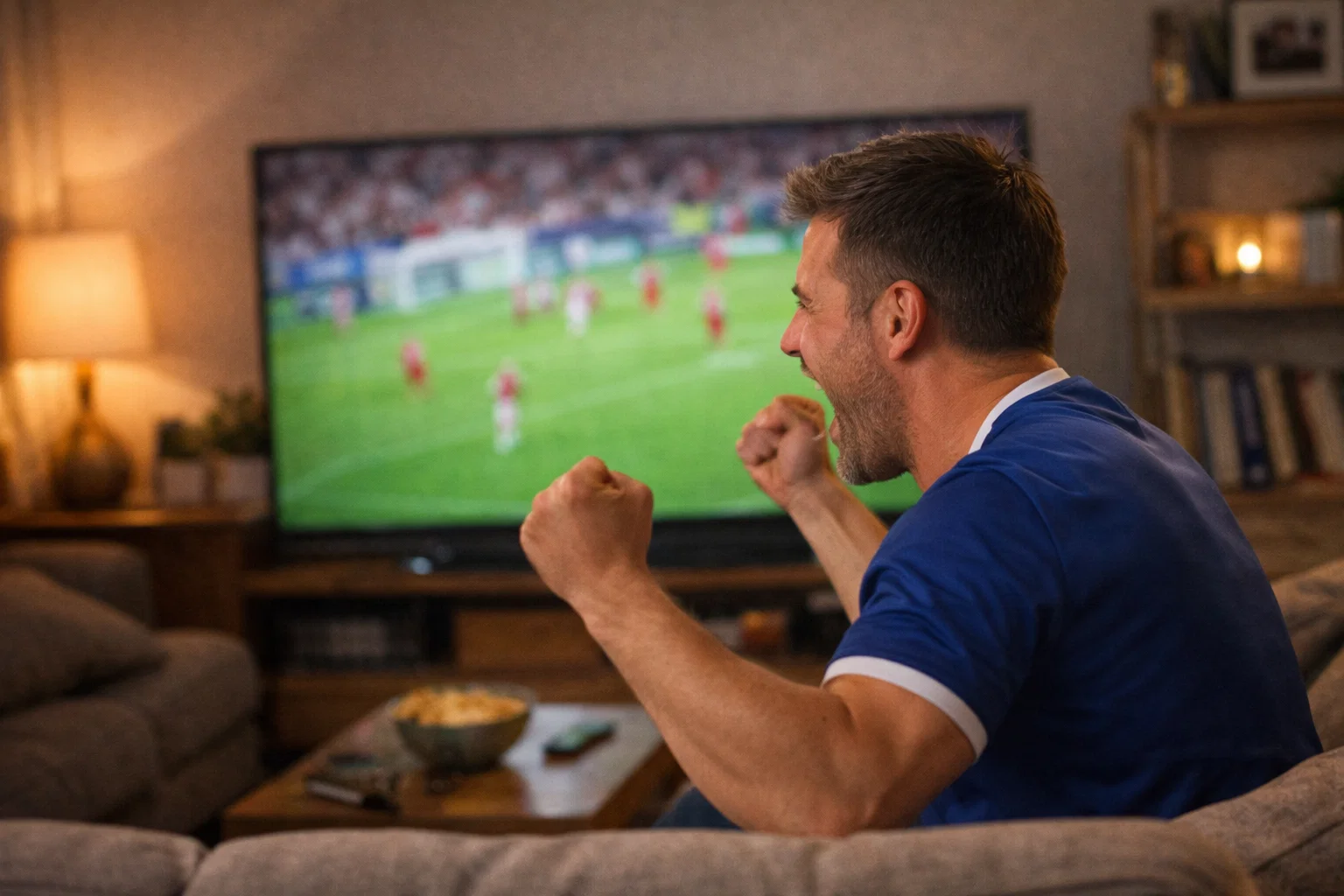 Fan de sport célébrant devant un écran de télévision diffusant un match de football
