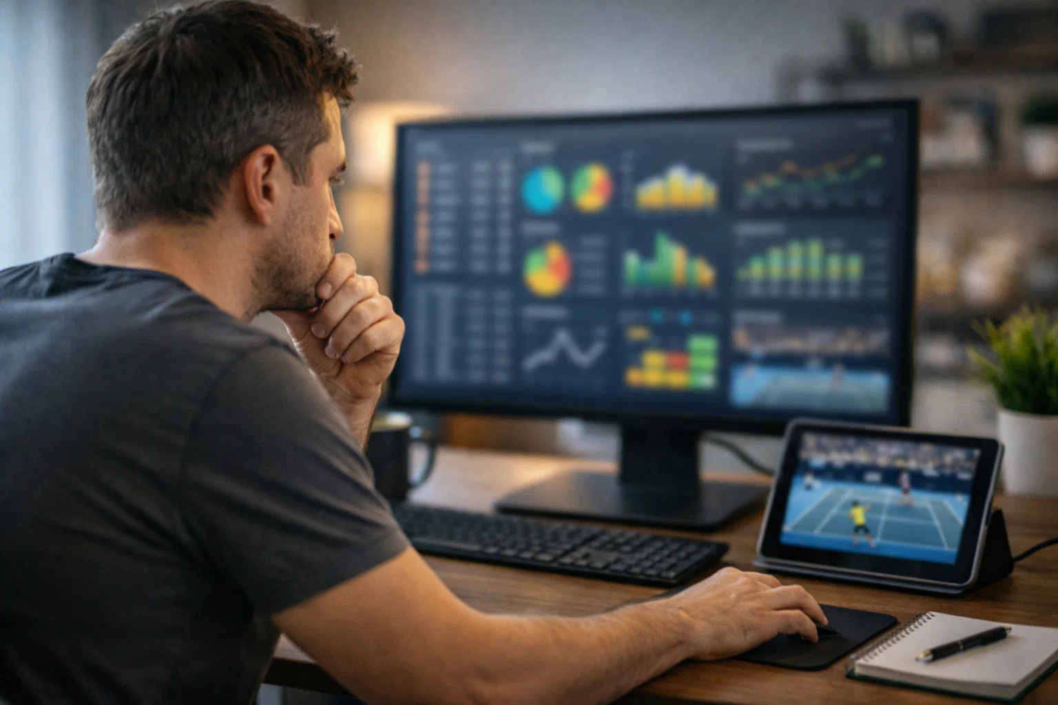Personne analysant des statistiques de tennis sur un écran