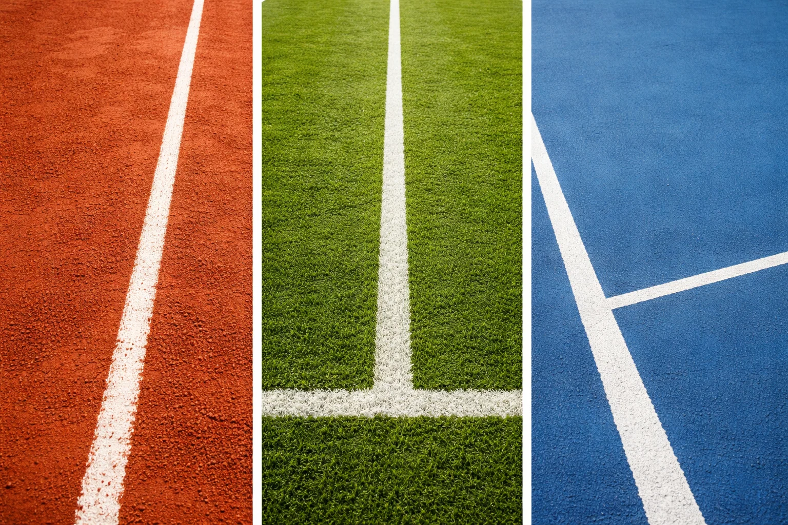 Différentes surfaces de tennis côte à côte montrant terre battue gazon et dur