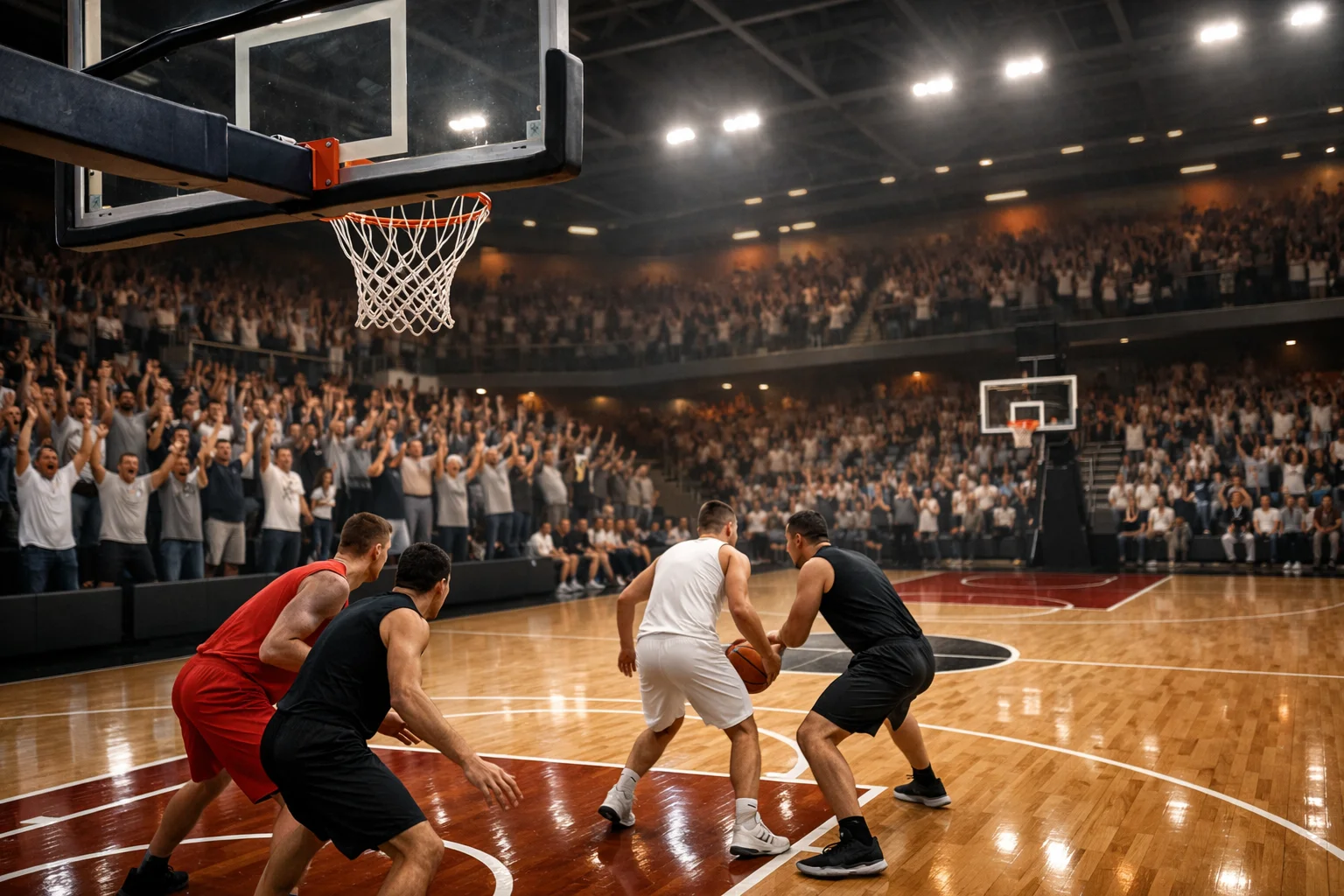 Salle de basketball européenne avec public et parquet