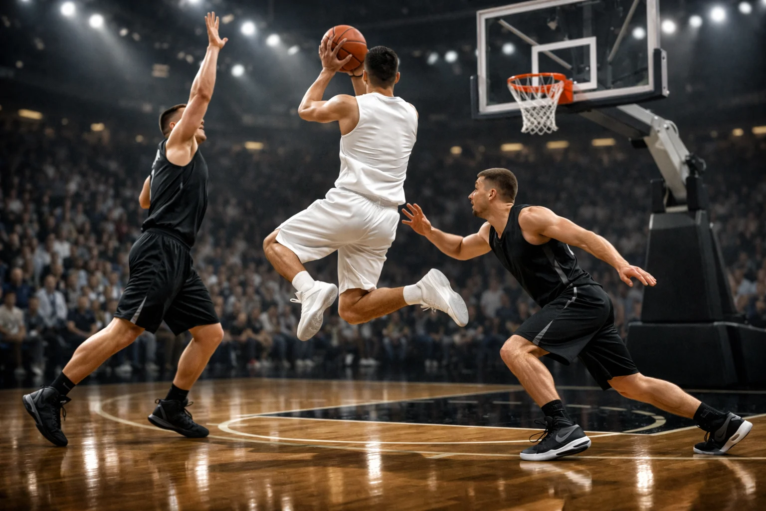 Match de basketball NBA avec joueurs en action sur le terrain