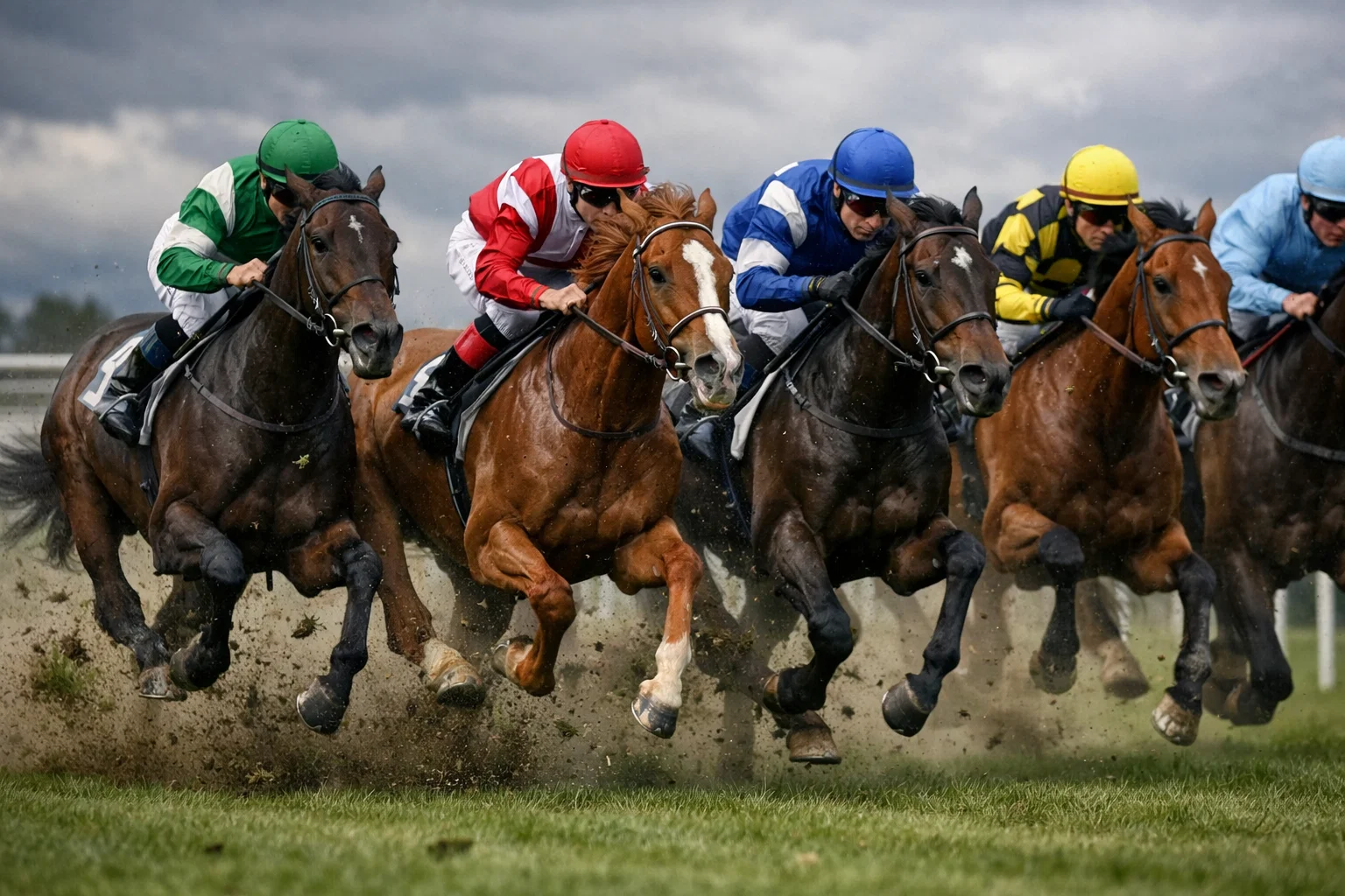 Chevaux de course en pleine action sur une piste hippique
