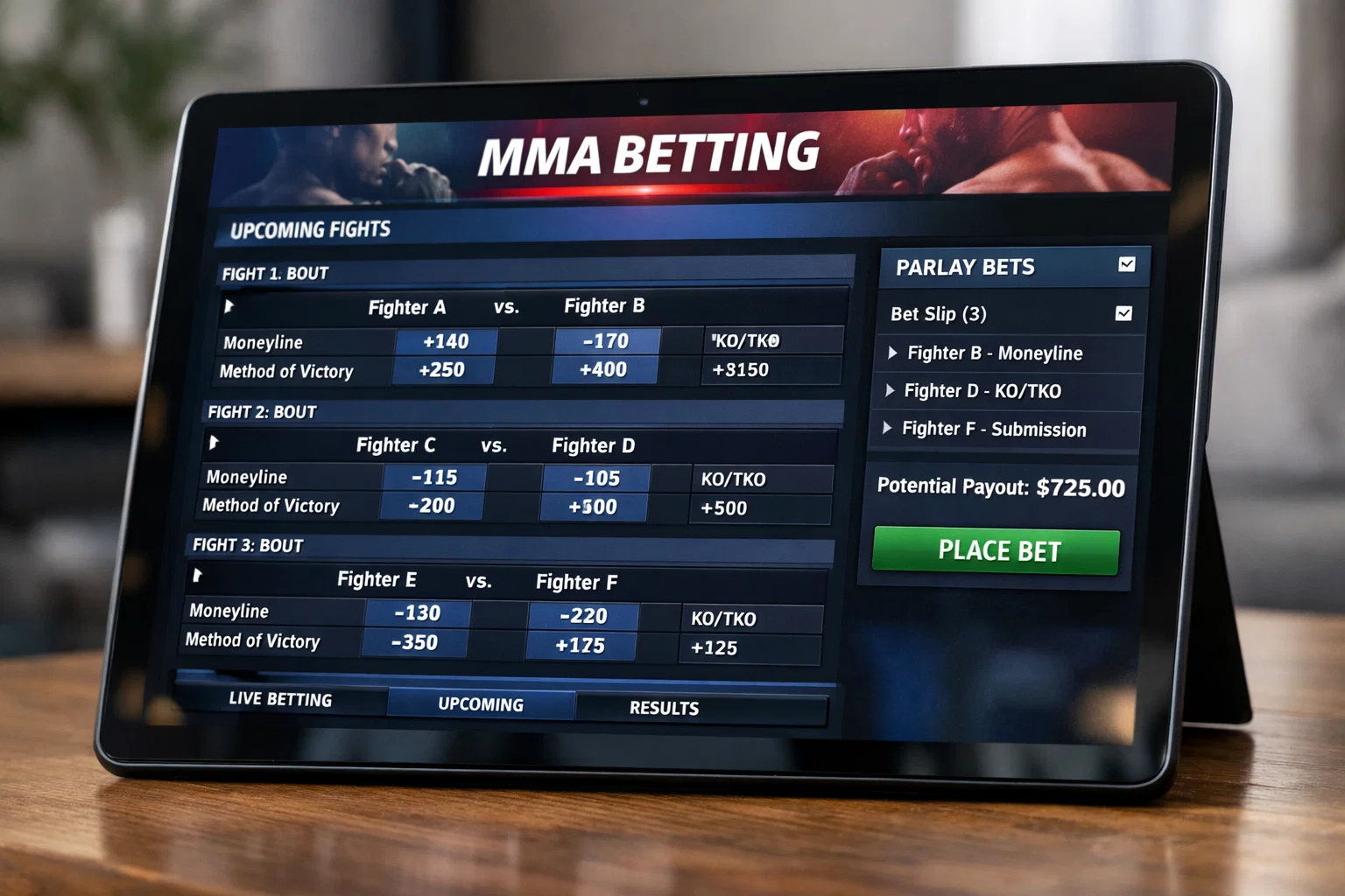 Écran affichant les cotes et marchés de paris sur un combat