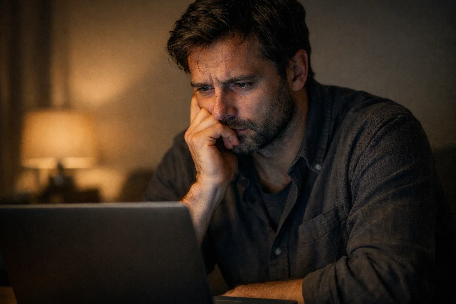 Personne réfléchissant avec un regard préoccupé devant un écran