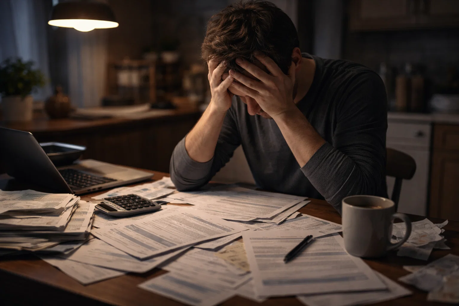 Personne stressée regardant des documents financiers
