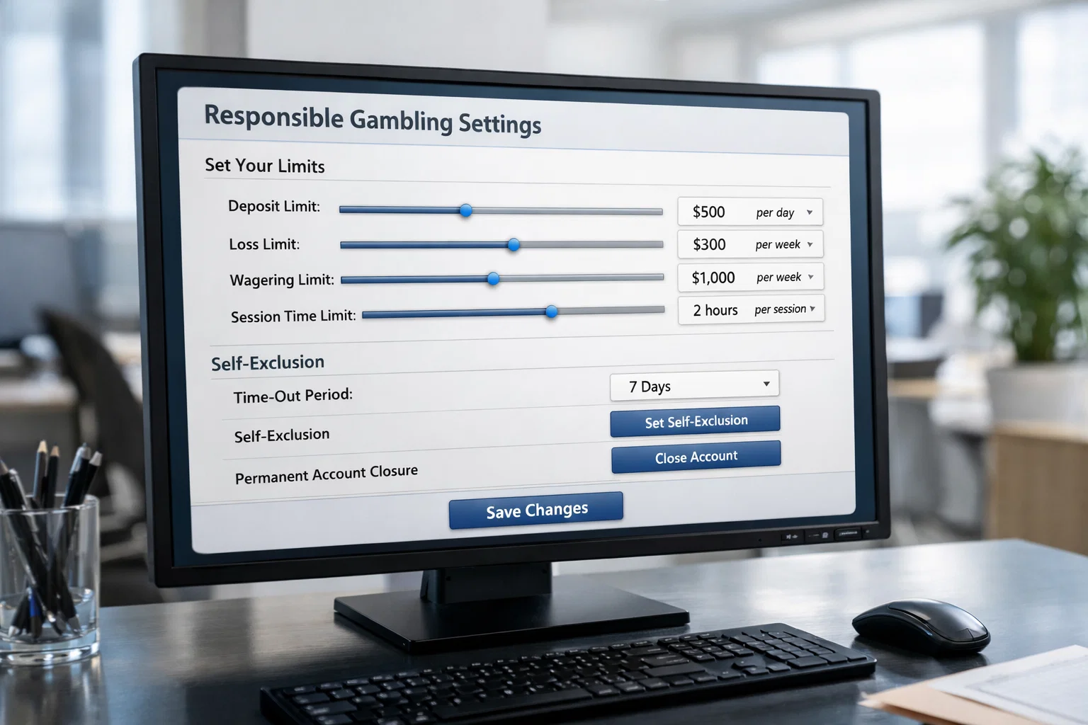 Interface de paramètres de jeu responsable sur un site de paris