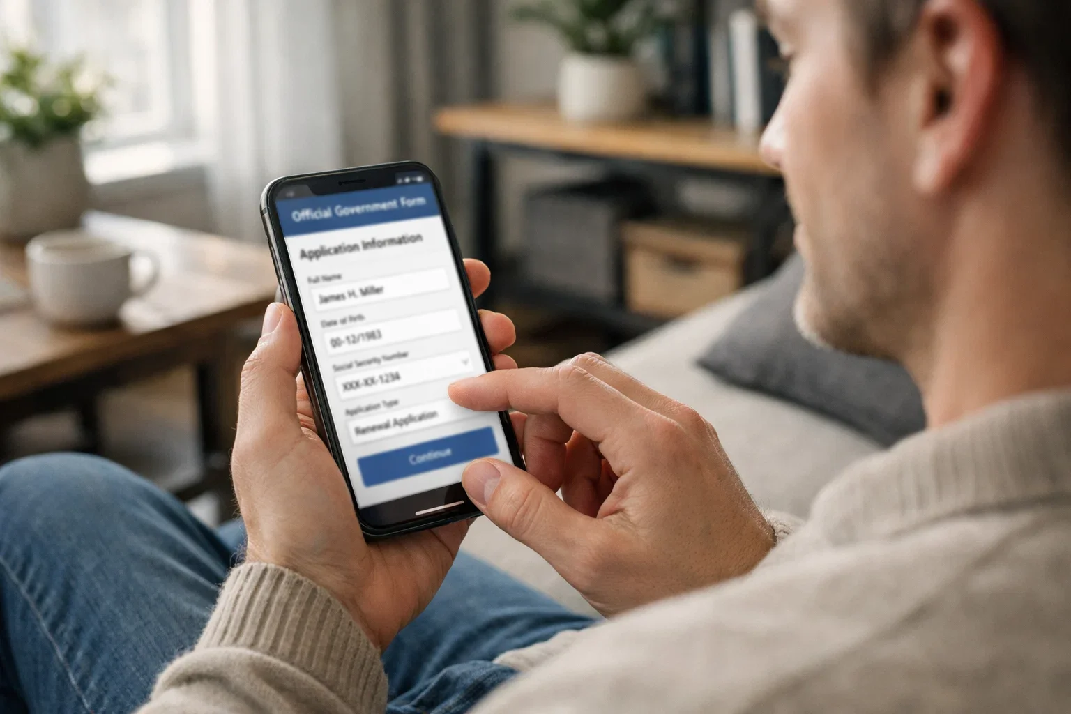Personne utilisant un smartphone pour effectuer une démarche administrative en ligne