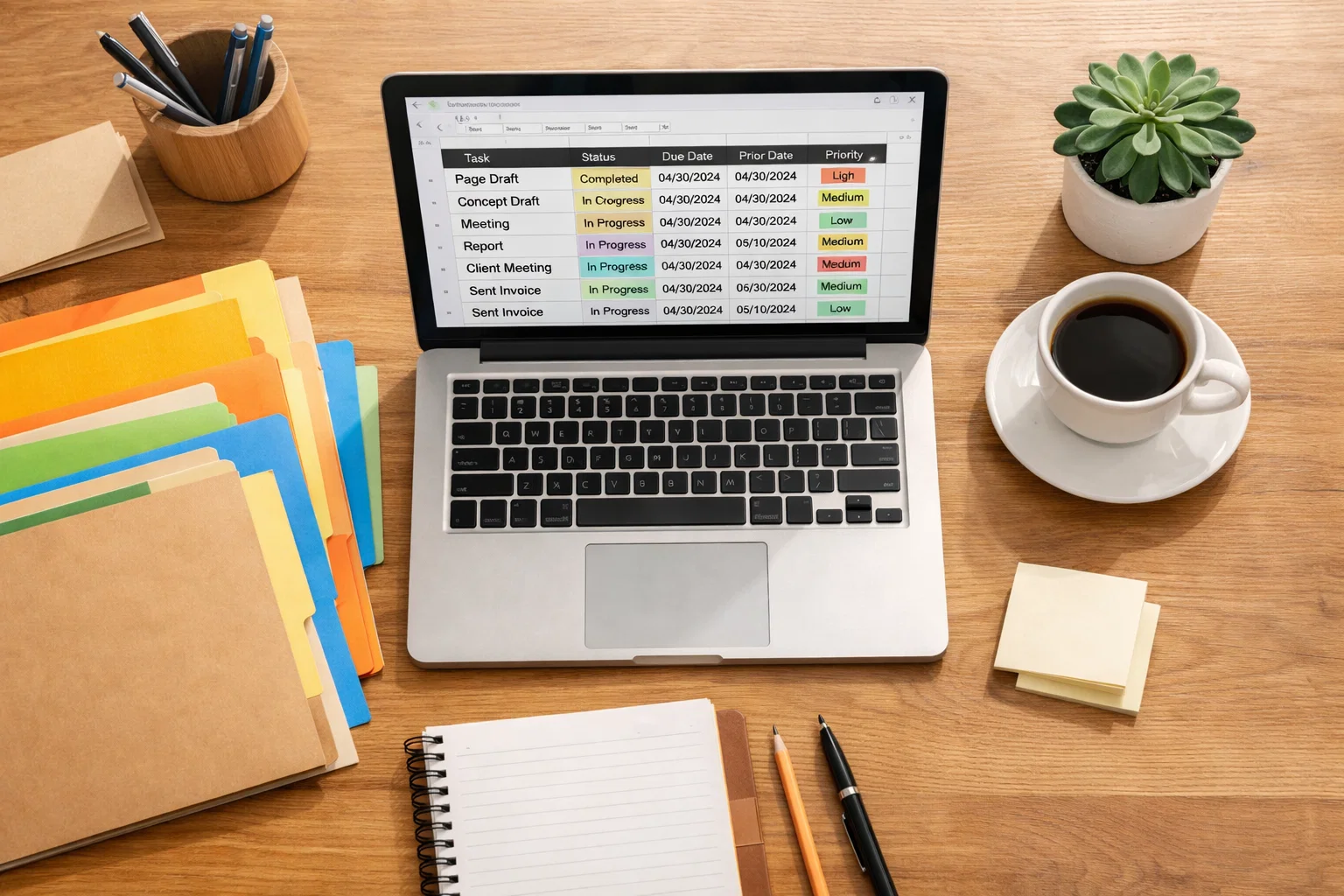 Bureau organisé avec des dossiers classés, un ordinateur portable affichant un tableau de suivi et une tasse de café