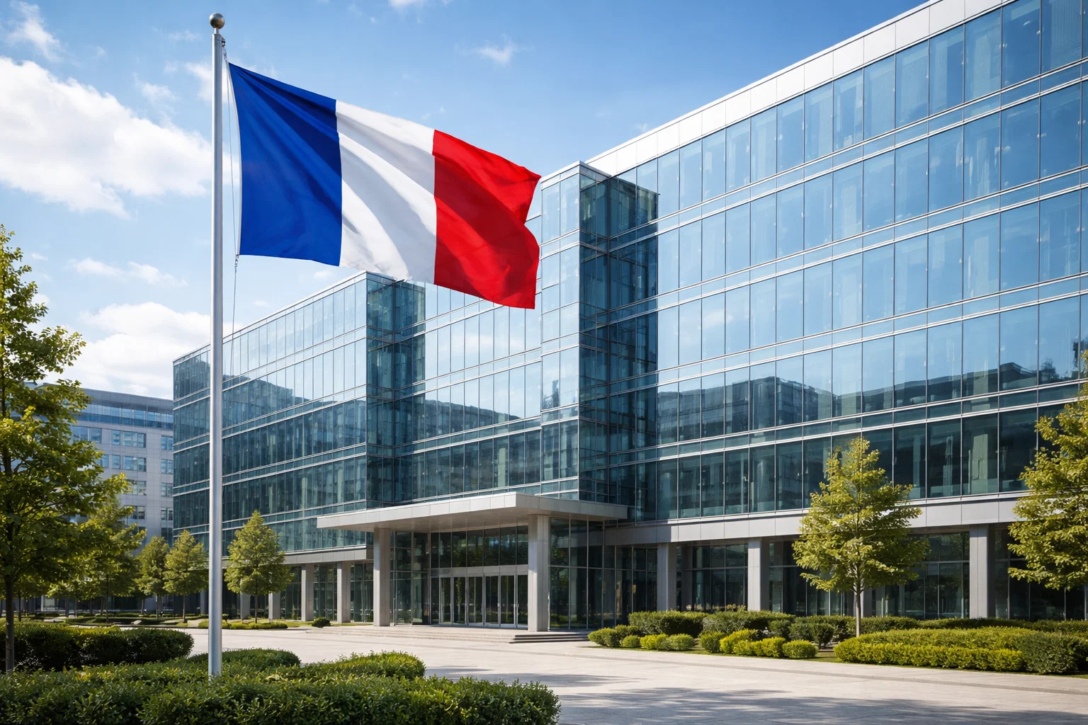 Immeuble de bureaux moderne avec le drapeau français, représentant le siège d'une entreprise régulée