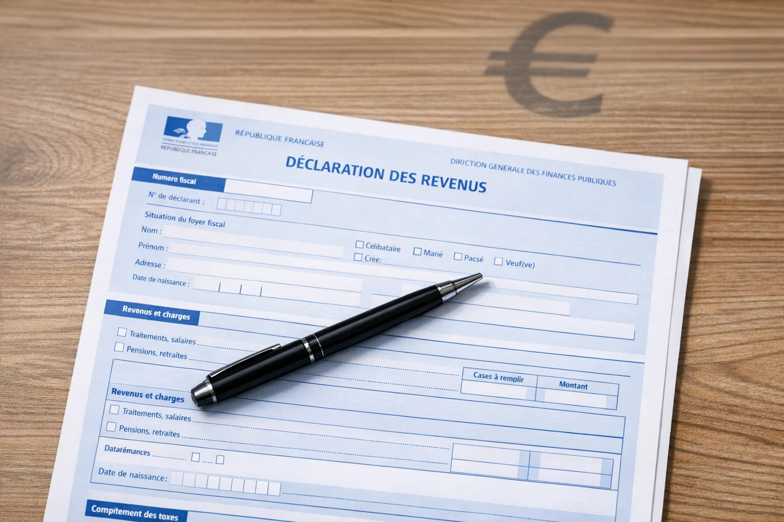 Document officiel français avec un stylo posé dessus et le symbole euro en arrière-plan