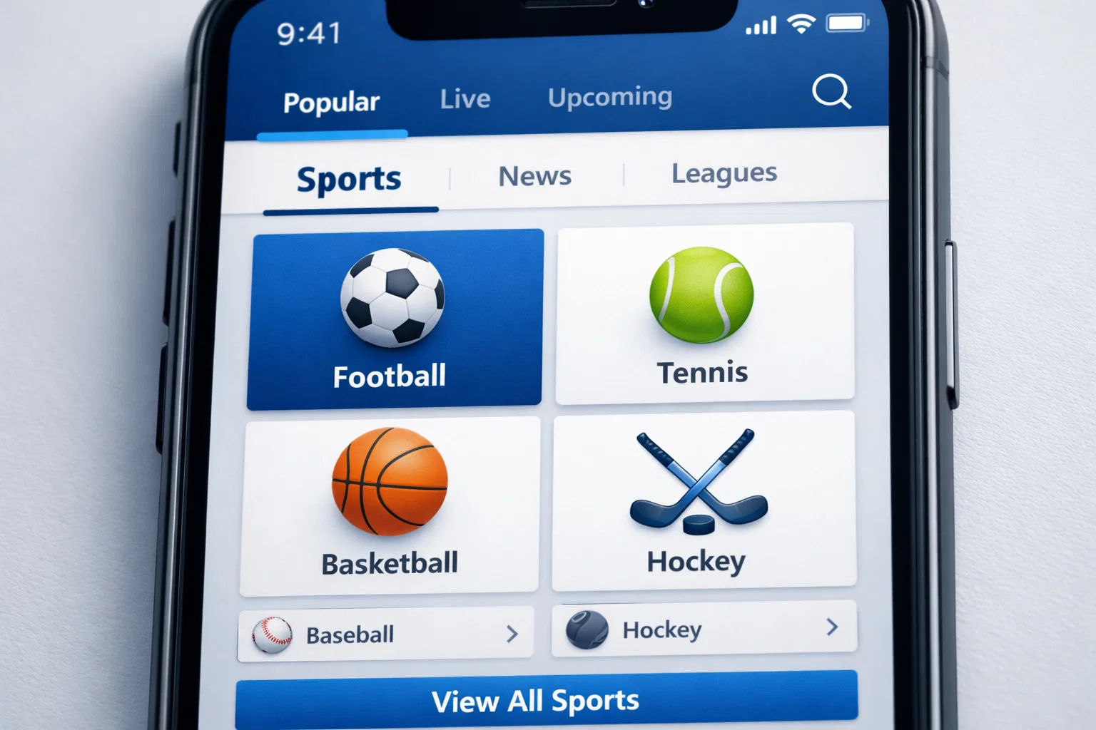 Écran de smartphone montrant une interface d'application avec menu de navigation sportive claire et moderne