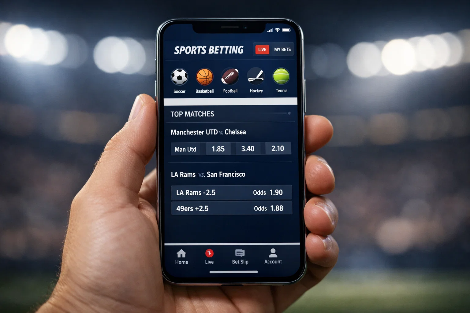 Smartphone moderne tenu en main affichant une interface d'application sportive épurée