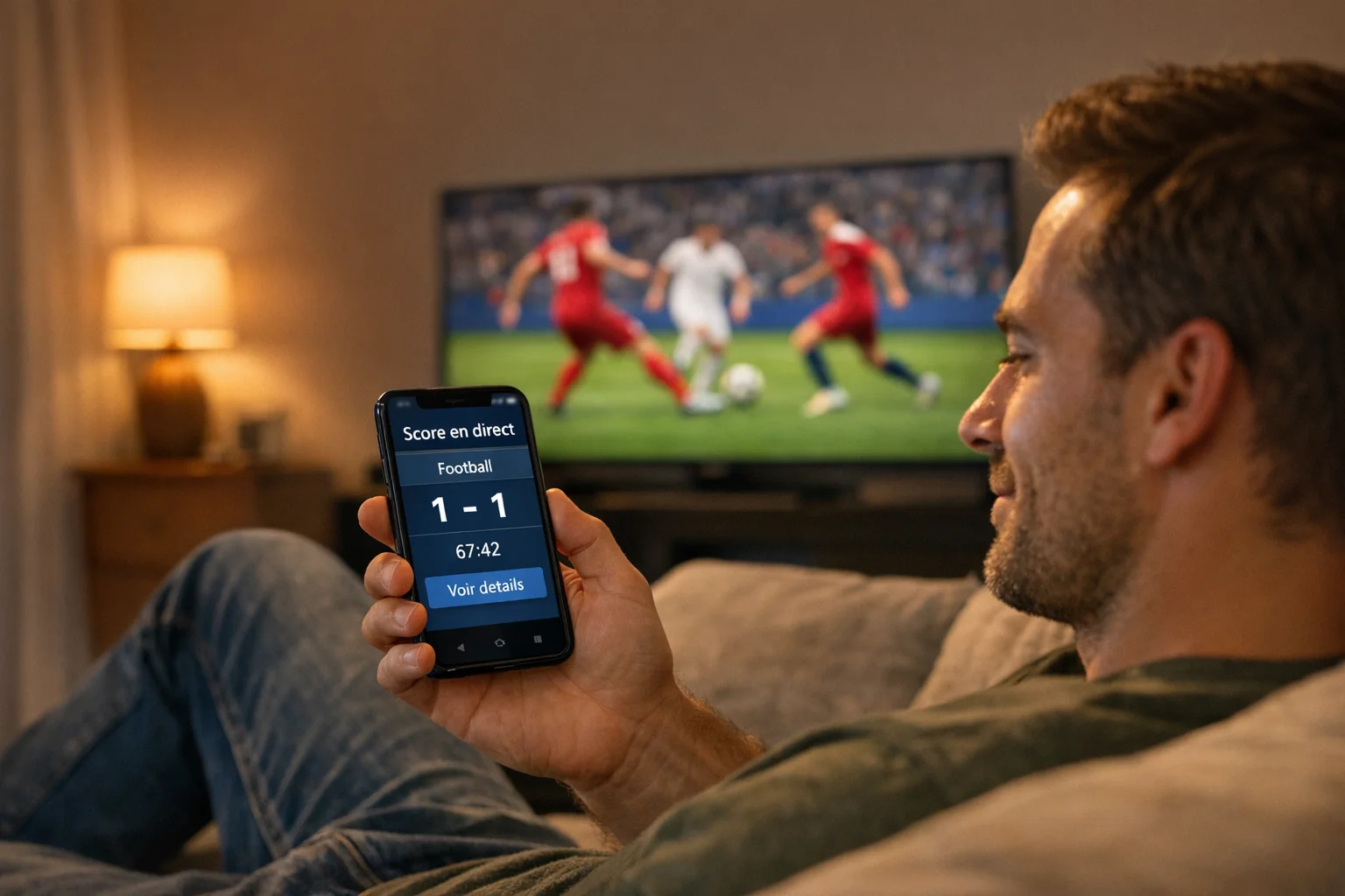 Personne confortablement installée consultant son smartphone avec un match de football visible sur un écran de télévision en arrière-plan