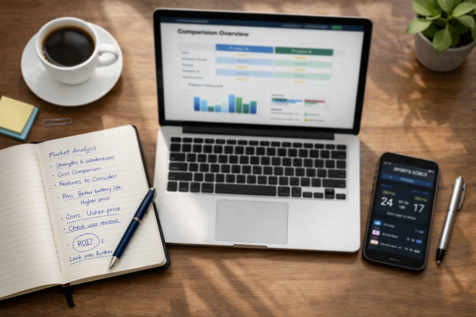 Bureau avec ordinateur portable ouvert, bloc-notes avec annotations manuscrites et smartphone affichant une application sportive