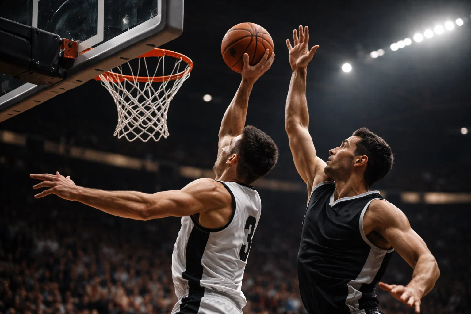 Match de basketball avec joueurs sur le terrain et panier en action