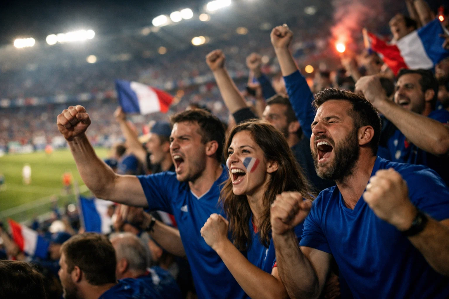 Supporters de football célébrant dans un stade français avec ambiance de match