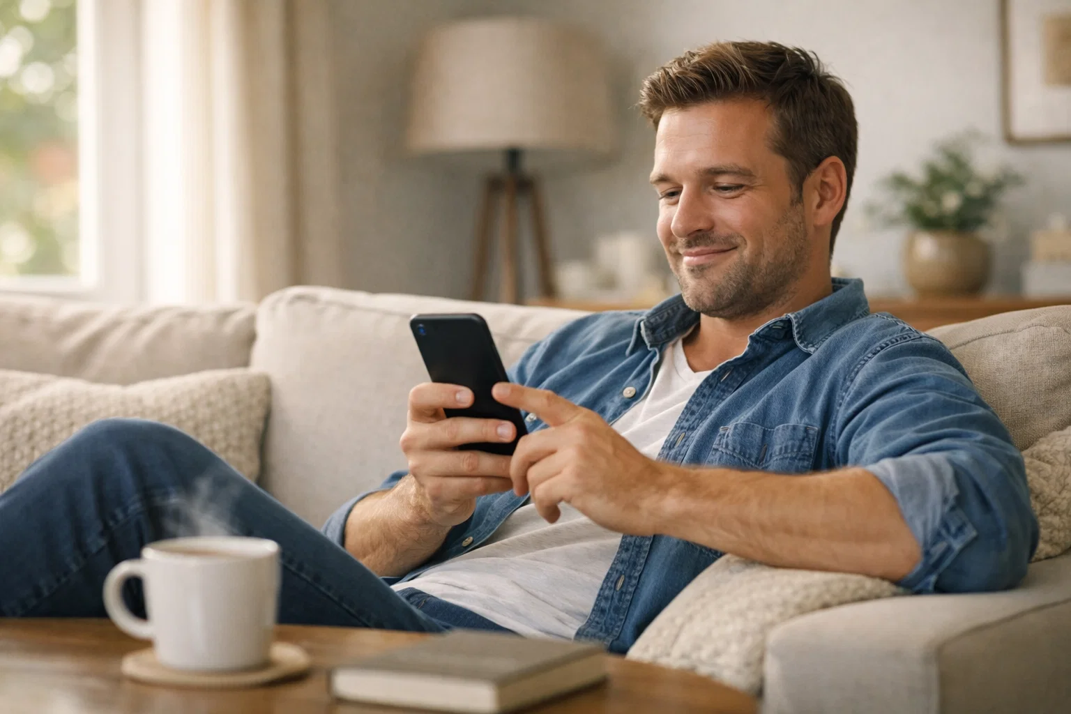 Personne utilisant une application mobile sécurisée dans un cadre domestique confortable