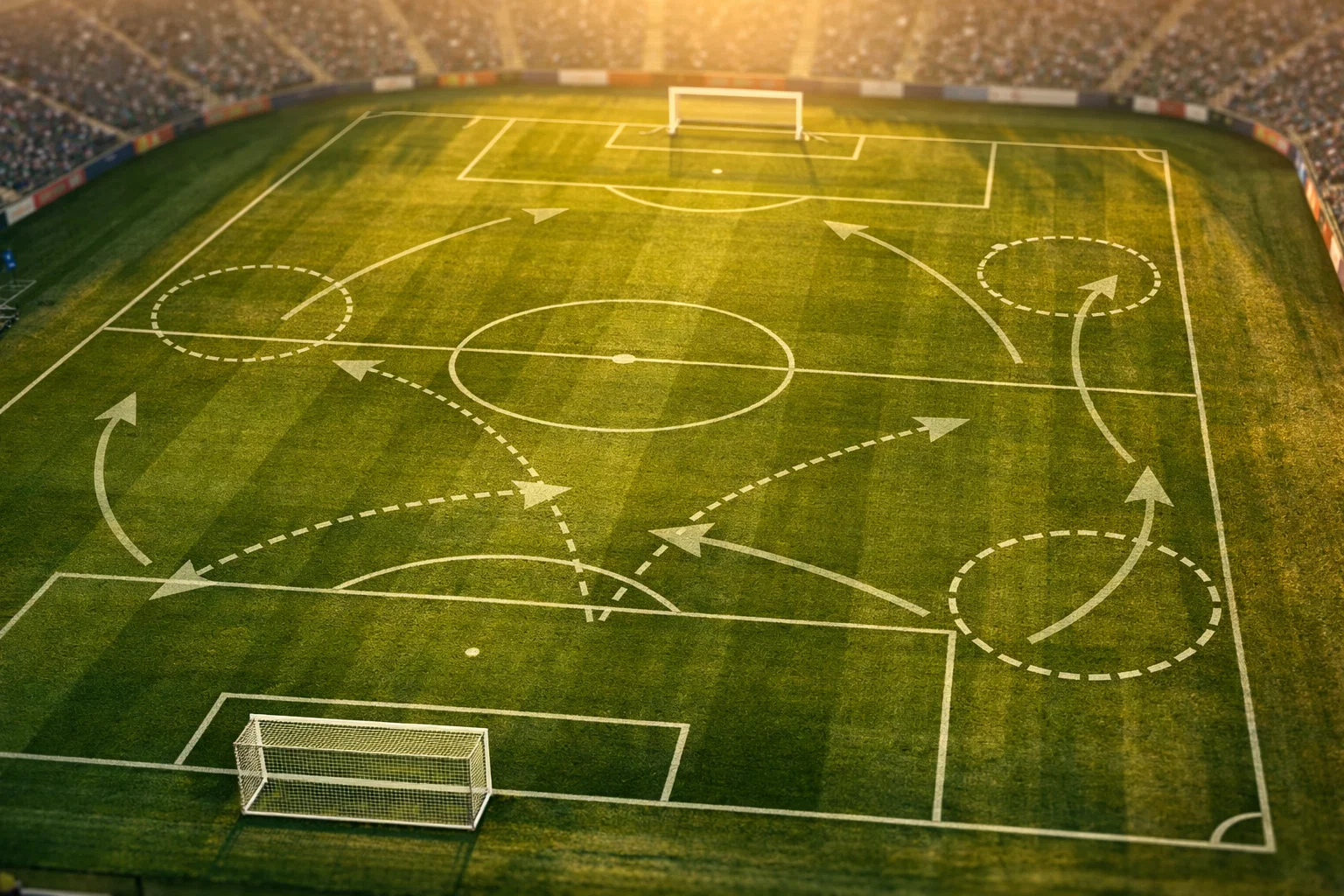 Vue plongeante sur un terrain de football avec des lignes tactiques superposées symbolisant l'analyse de match