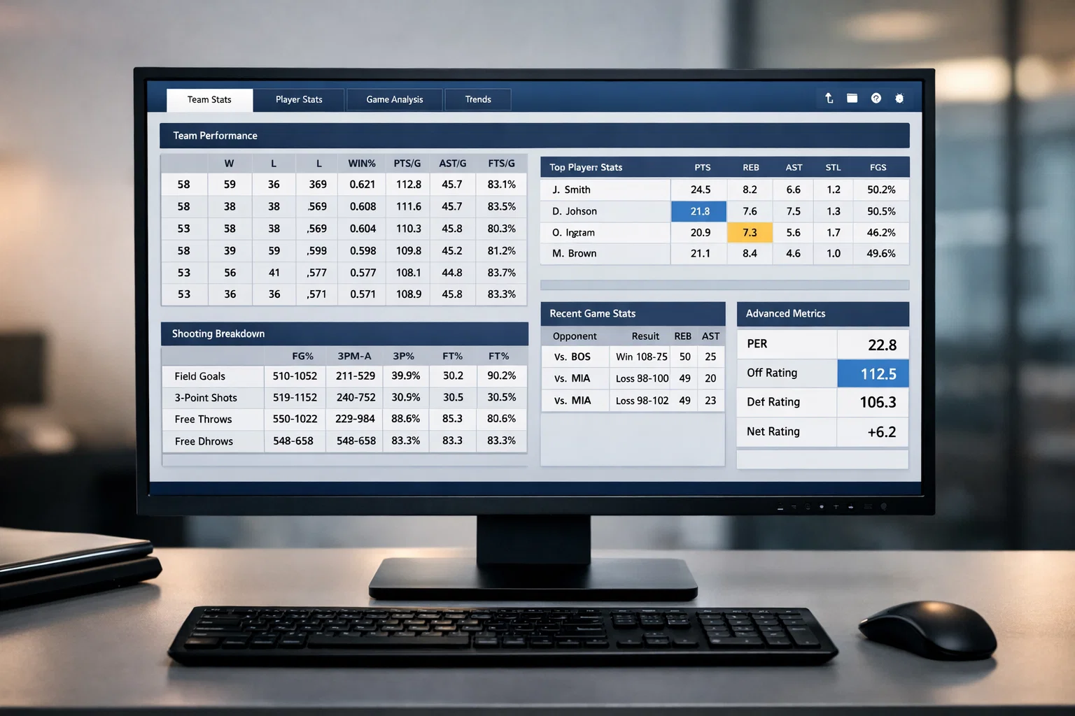 Écran d'ordinateur affichant des tableaux de statistiques sportives détaillées avec colonnes de données