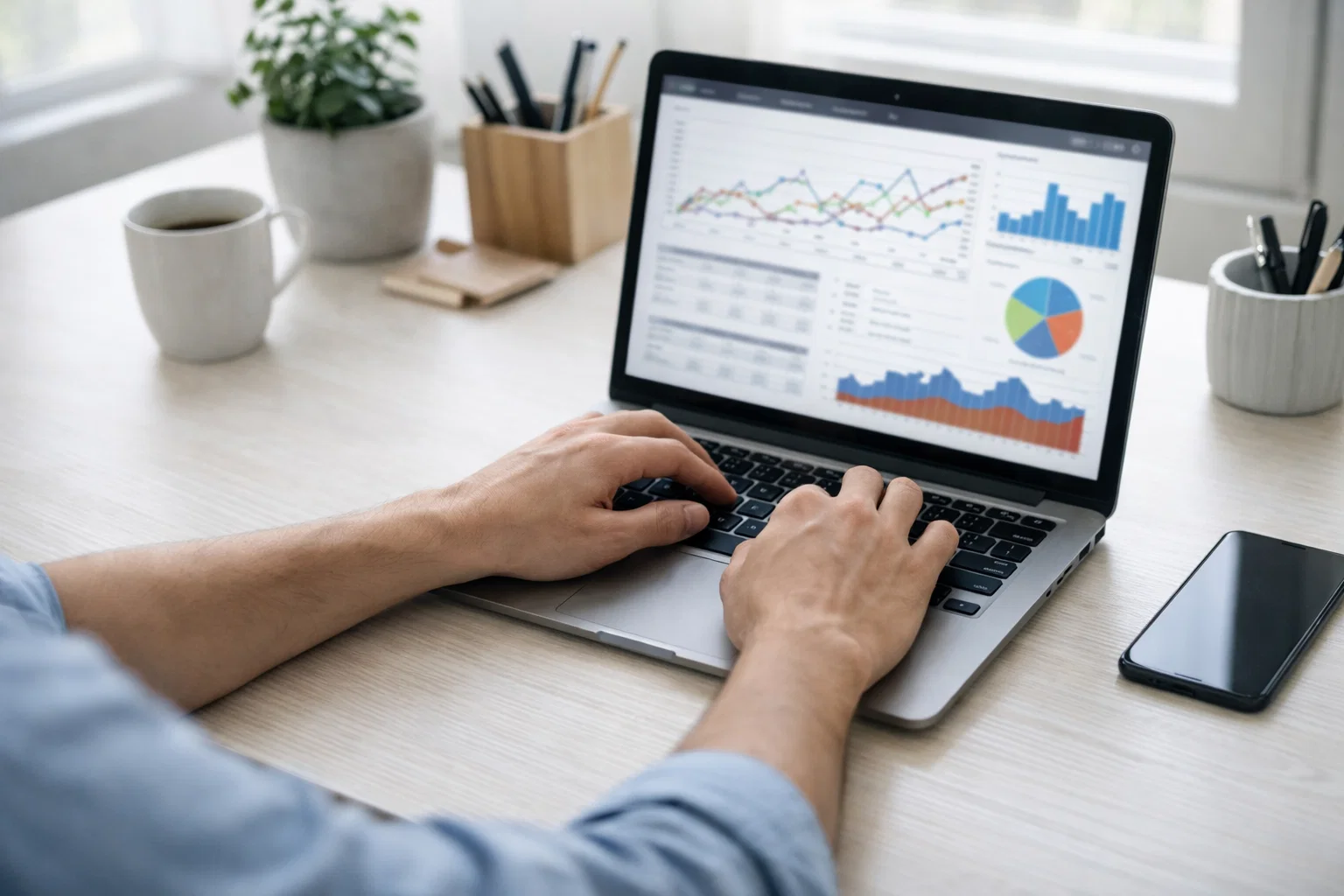 Personne travaillant sur un ordinateur portable avec un carnet de notes ouvert à côté, dans un environnement de travail organisé