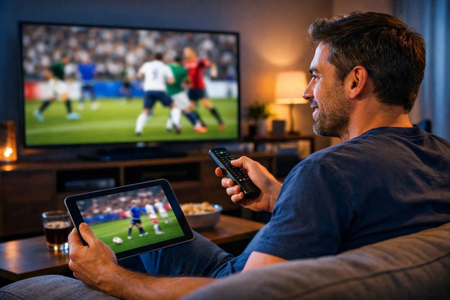 Fan de sport regardant plusieurs écrans diffusant des matchs en direct