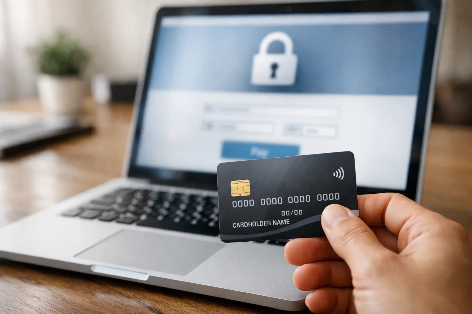 Main tenant une carte bancaire devant un ordinateur portable affichant une interface sécurisée