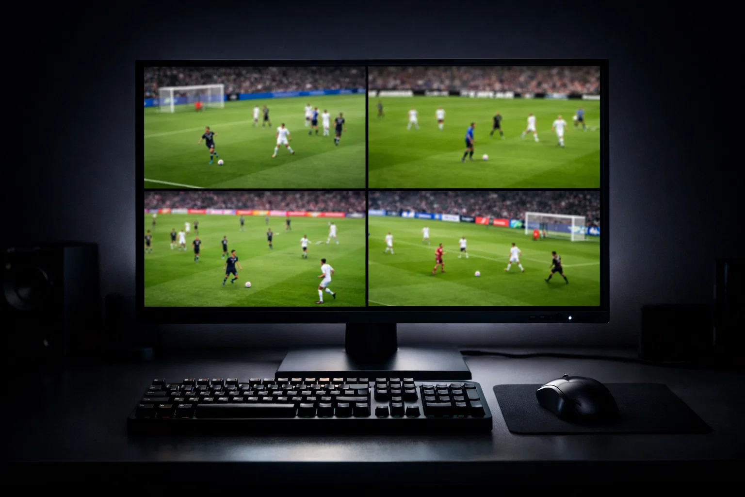 Écran d'ordinateur affichant plusieurs matchs de football en streaming simultané