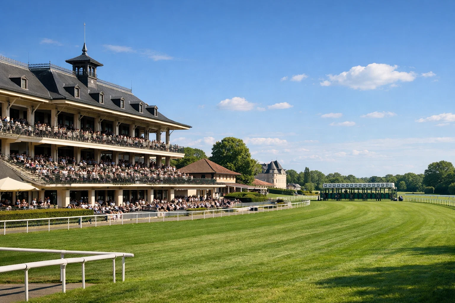 Hippodrome français avec tribunes et piste de courses