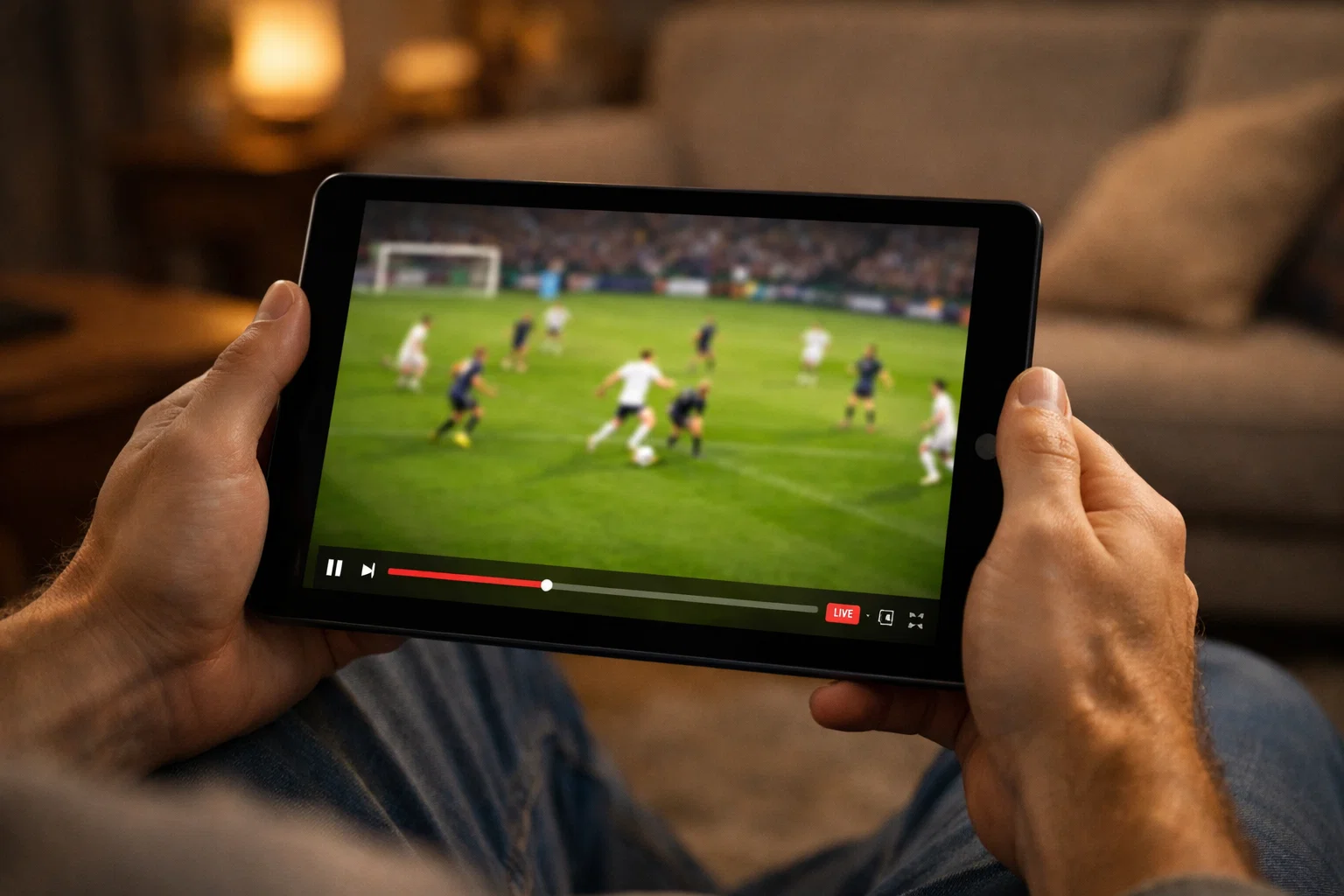 Personne regardant un match de football en streaming sur une tablette