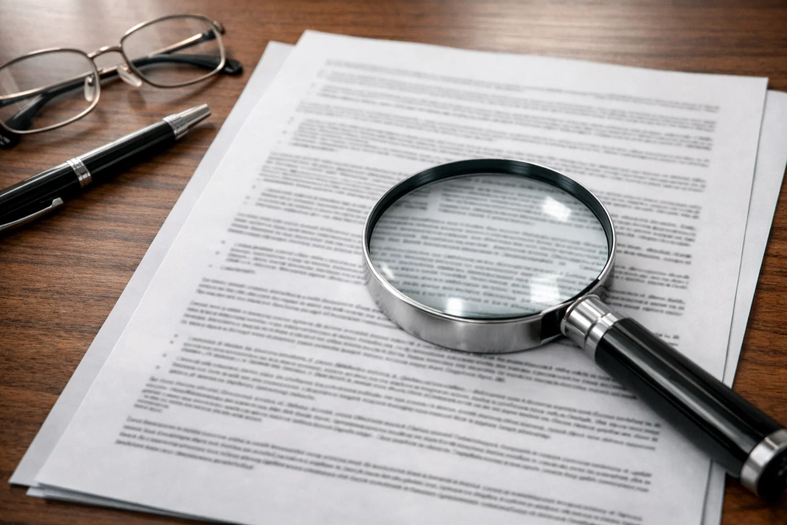 Document avec conditions générales et une loupe posée dessus