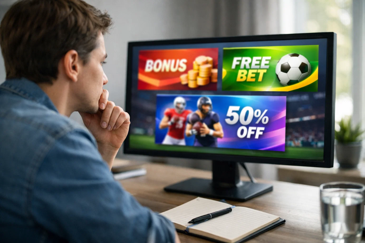 Personne analysant des offres promotionnelles sur un écran d'ordinateur