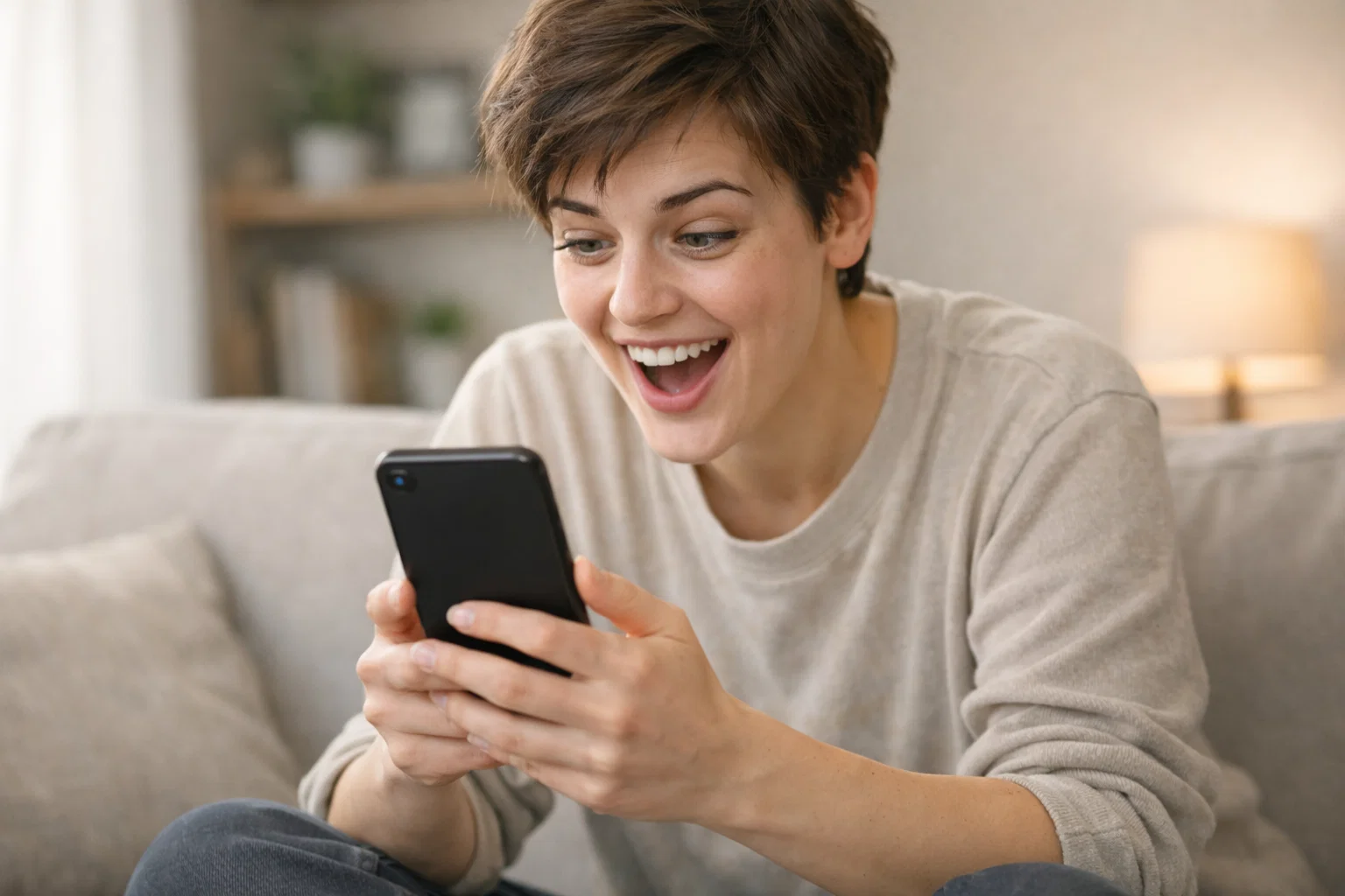 Personne découvrant une offre gratuite sur son smartphone avec expression de surprise