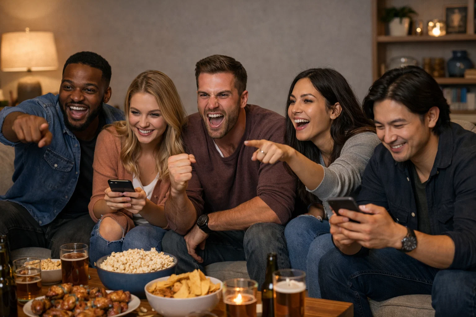 Groupe d'amis regardant un match de football ensemble sur un écran