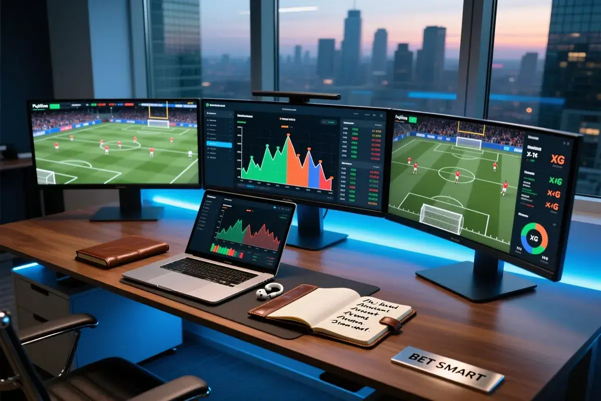 Espace de travail professionnel avec ordinateur portable montrant des logiciels d'analyse football