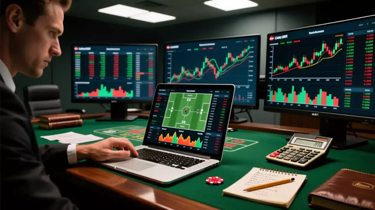 Bureau professionnel d'analyse de paris sportifs avec écrans multiples et statistiques