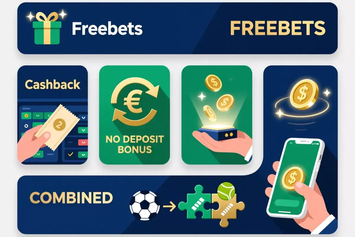 Infographie des différents types de bonus paris sportifs : freebets, cashback, sans dépôt, combinés