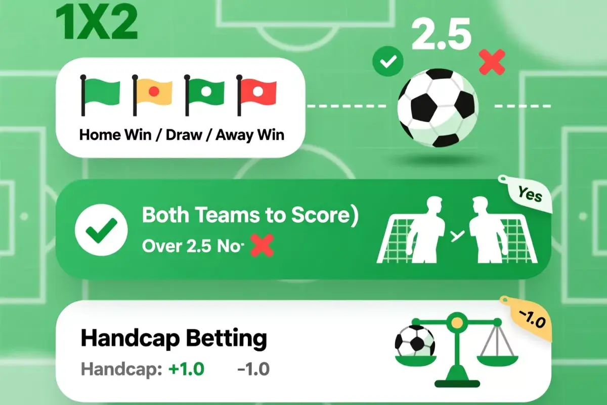 Infographie présentant les différents types de paris football avec icônes et représentations visuelles